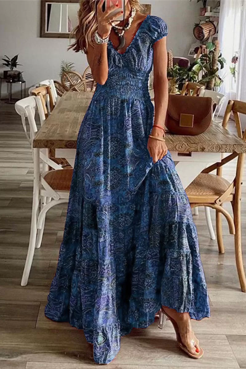 Bohemian College Print Fold V Neck A Line Dresses