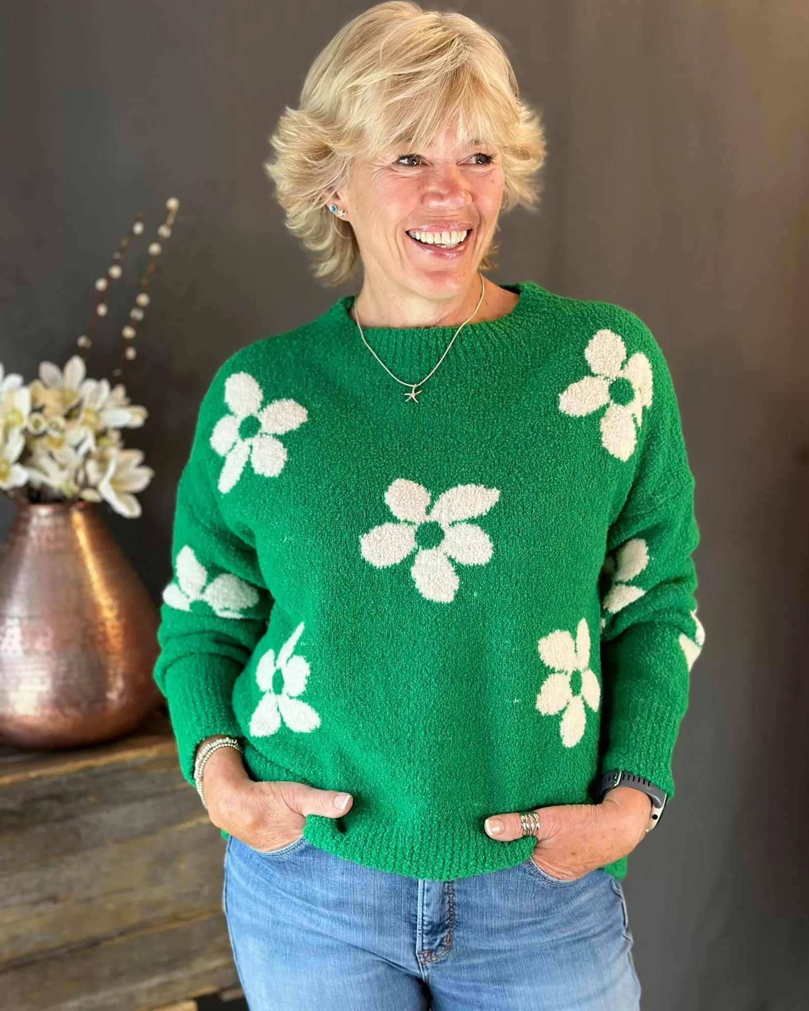 Boucle Knitted Flower Jumper - Green