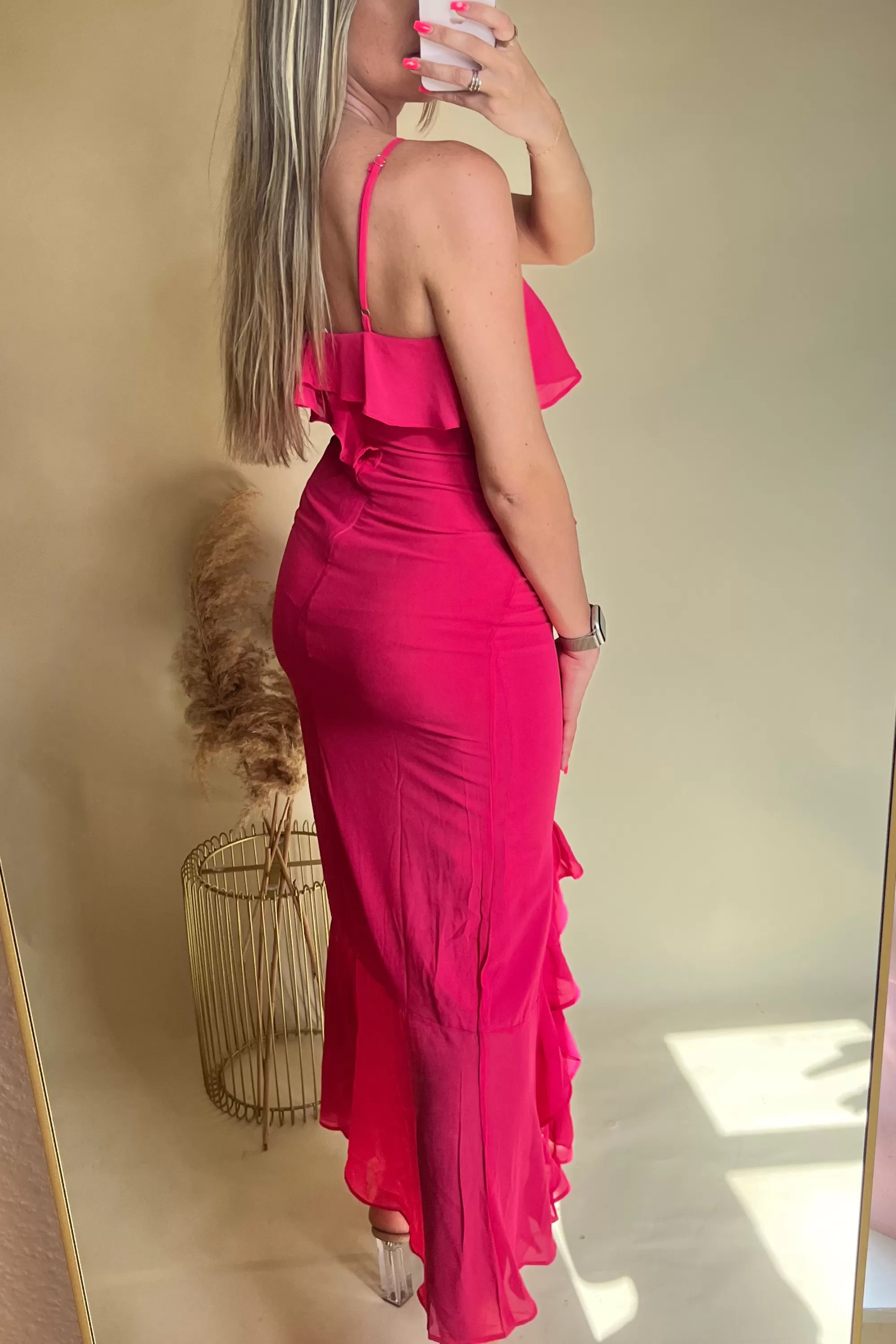 Bright pink ruffle midi dress