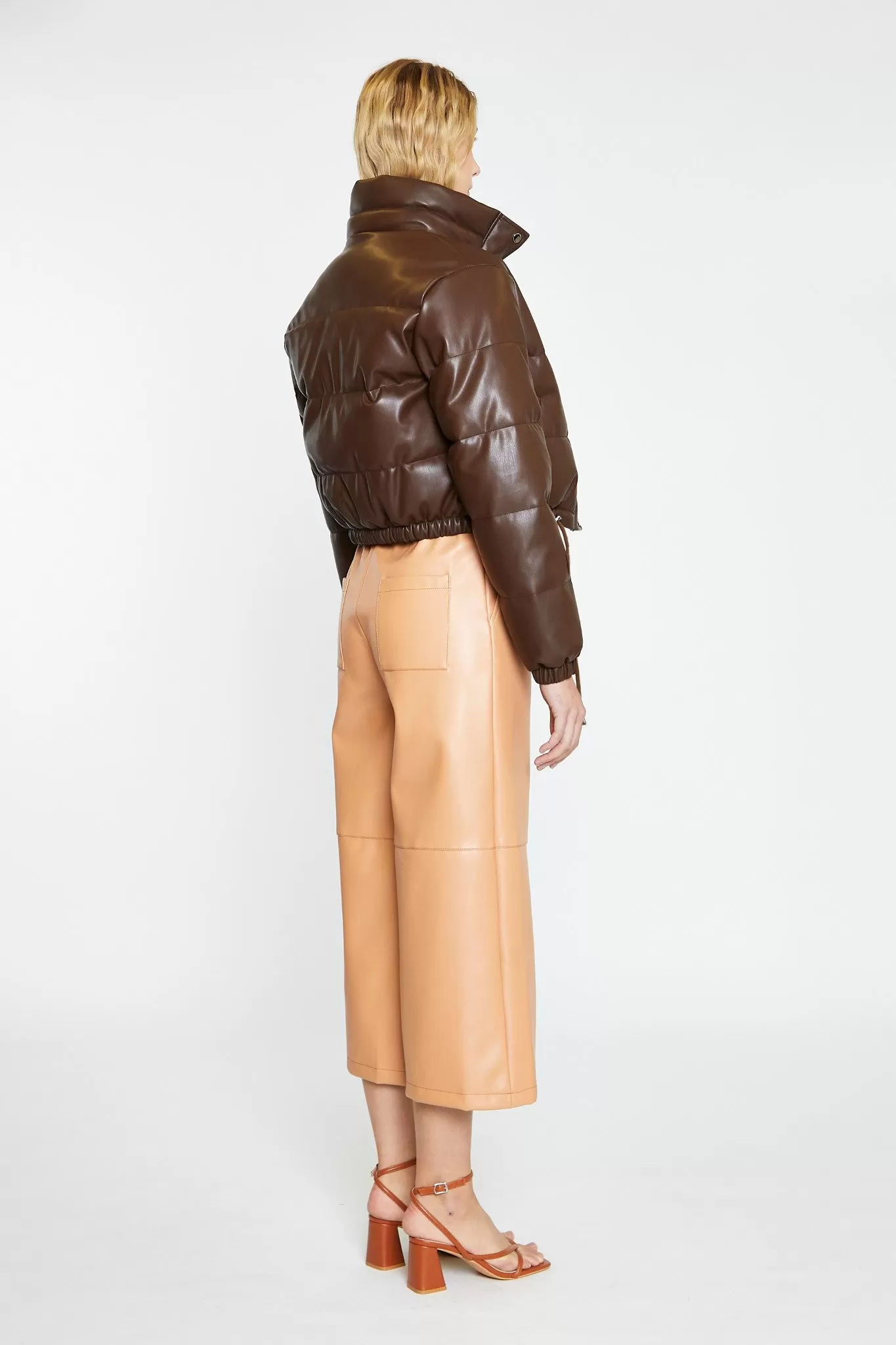 Brown PU Puffer Cropped-Jacket