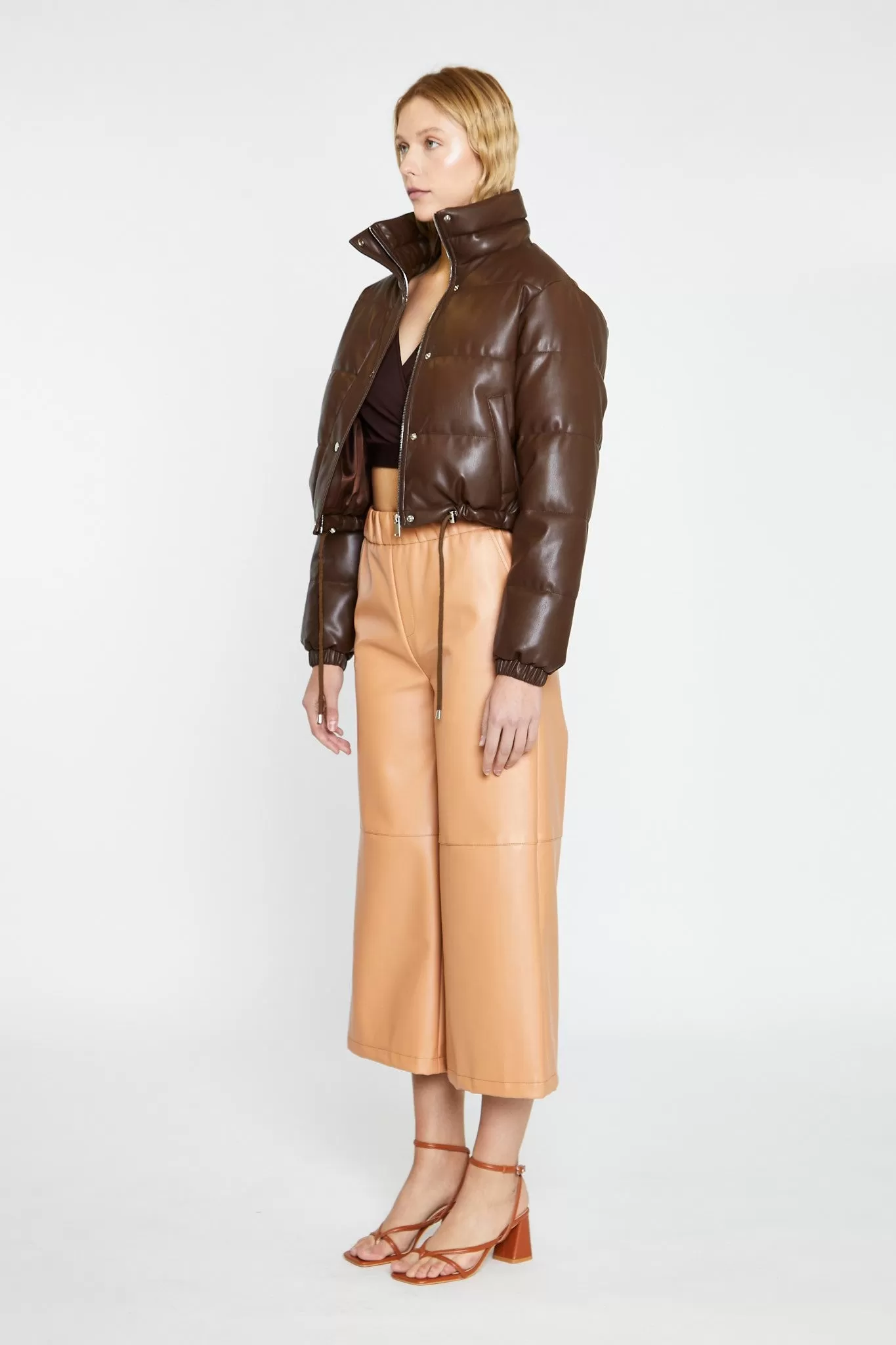 Brown PU Puffer Cropped-Jacket