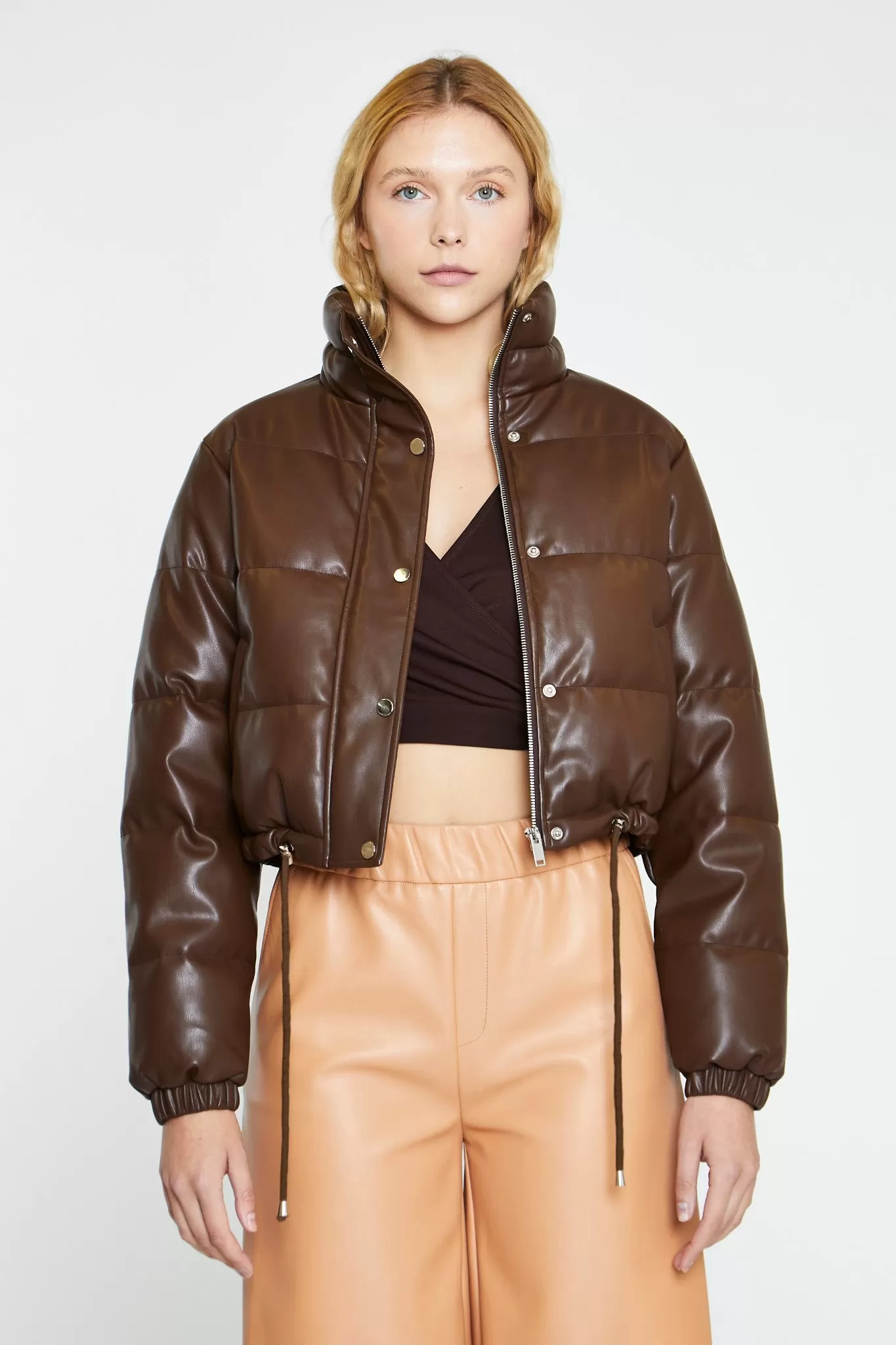 Brown PU Puffer Cropped-Jacket