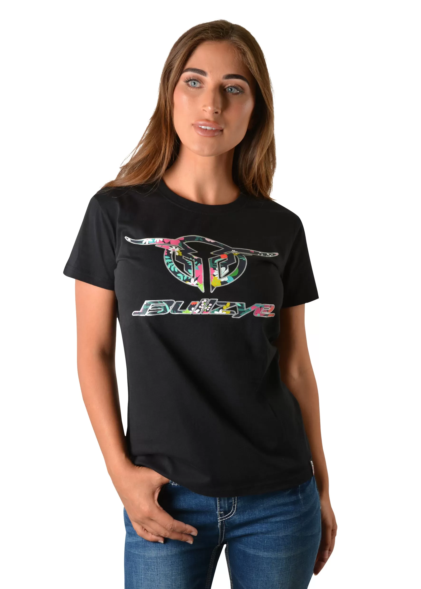 Bullzye Ladies Wild flower Crew Neck Tee - Black - B2W2502152 - On Sale