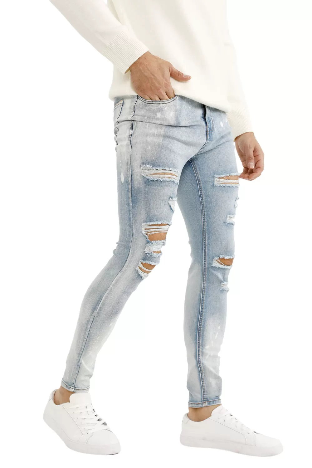 Buy $80 Free Shipping Men's Light Blue Stretch Jean - Ripped