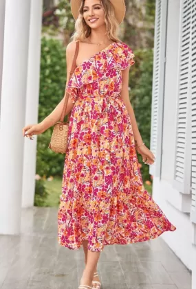 Candice One Shoulder Floral Midi Dress- Pink