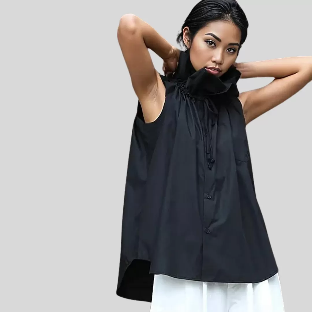 Casual Minimal Goth Ruffled Design Black Blouse