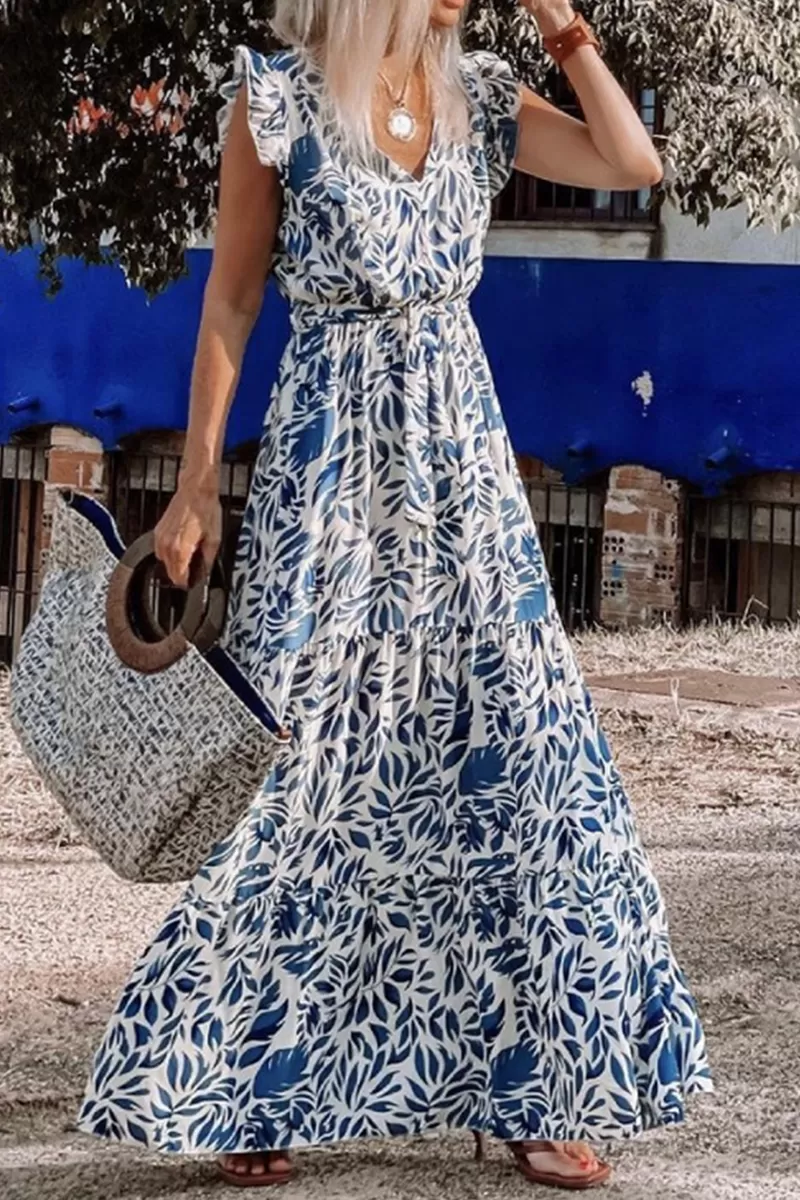 Casual Print Flounce V Neck Cake Skirt Dresses