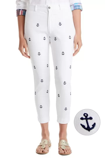 Cawtaway Ankle Capri Stretch Twill White w/ Anchor