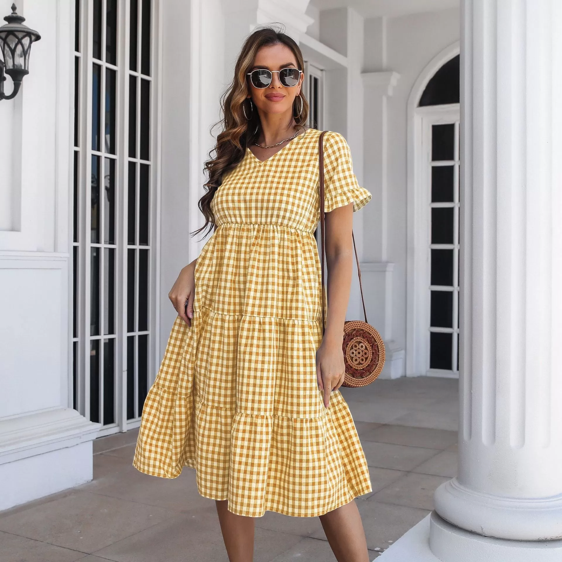 Checked Midi Dress with Tiered Skirt and Short Sleeves