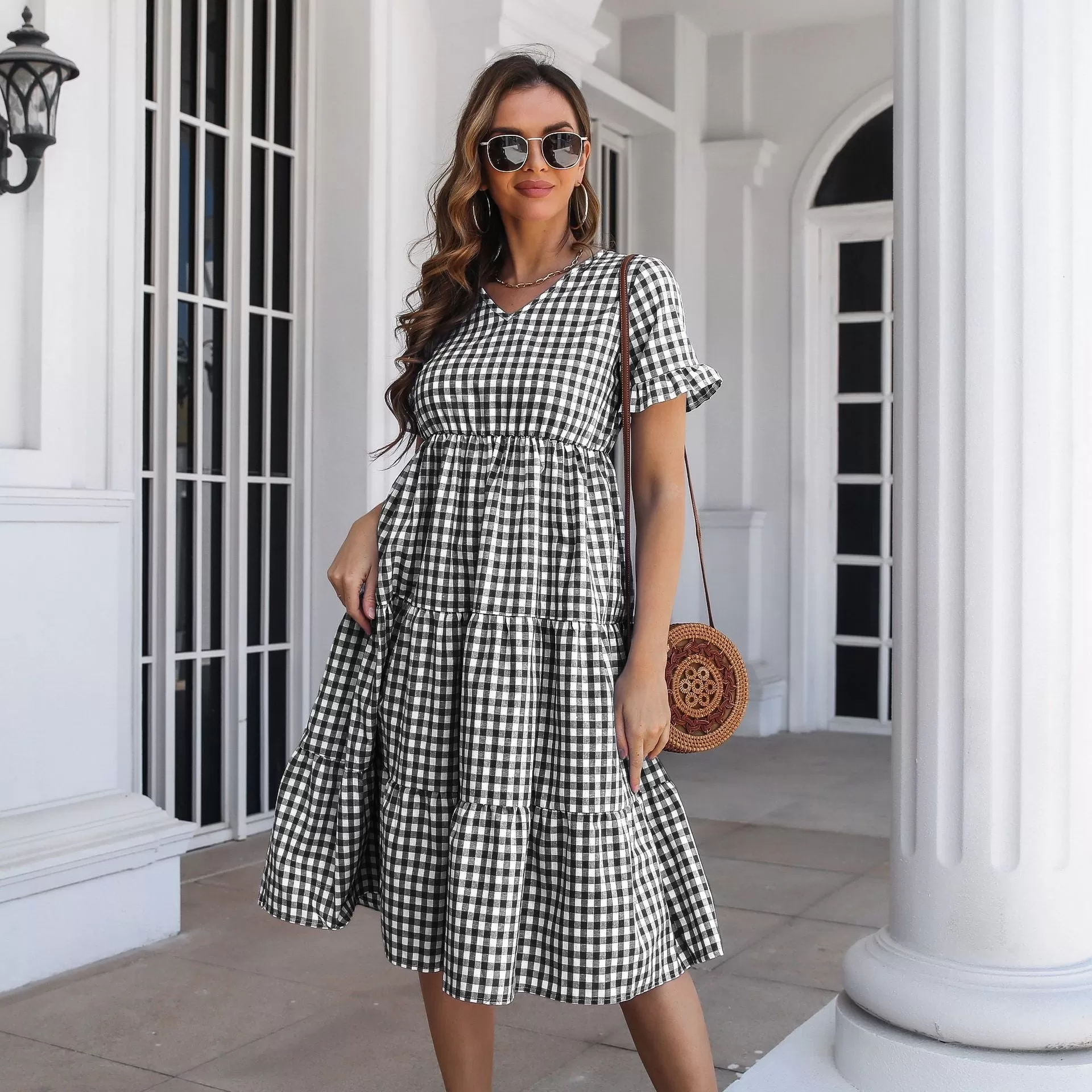 Checked Midi Dress with Tiered Skirt and Short Sleeves