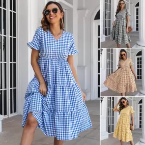 Checked Midi Dress with Tiered Skirt and Short Sleeves