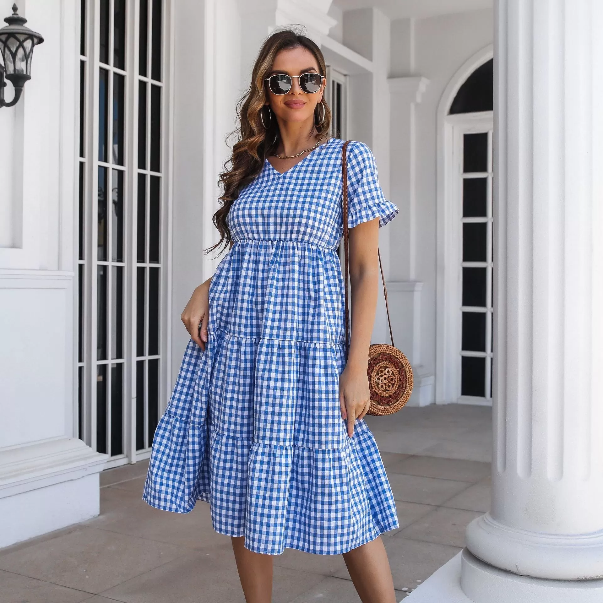 Checked Midi Dress with Tiered Skirt and Short Sleeves