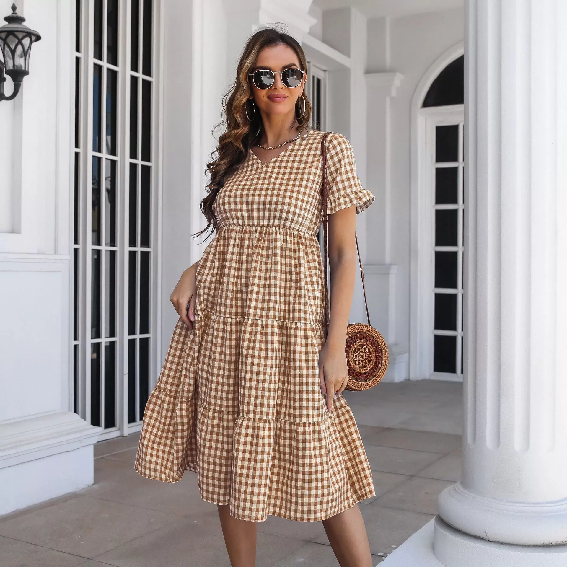 Checked Midi Dress with Tiered Skirt and Short Sleeves