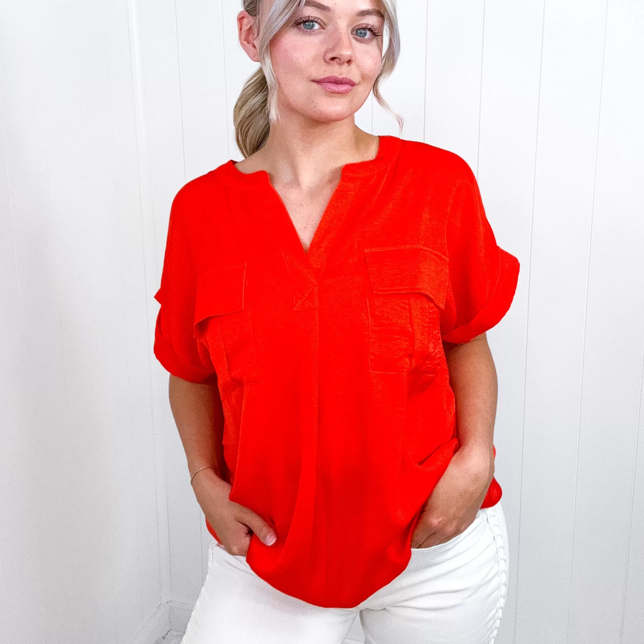 Cherry Red Dolman Short Sleeve Blouse