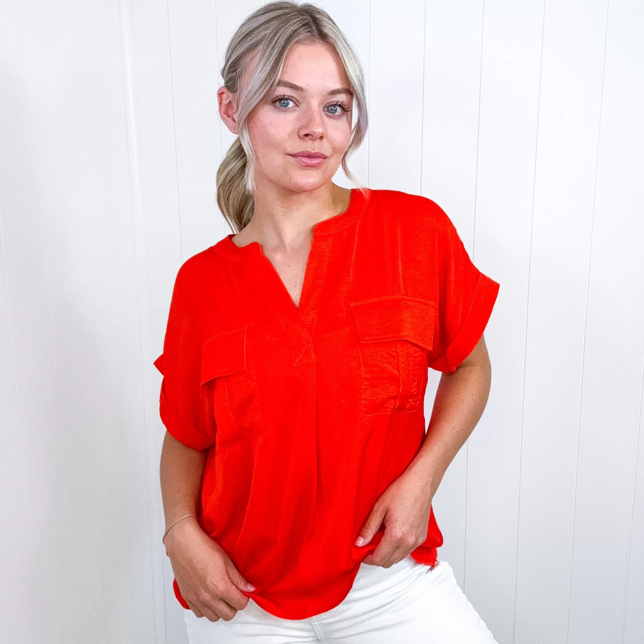 Cherry Red Dolman Short Sleeve Blouse