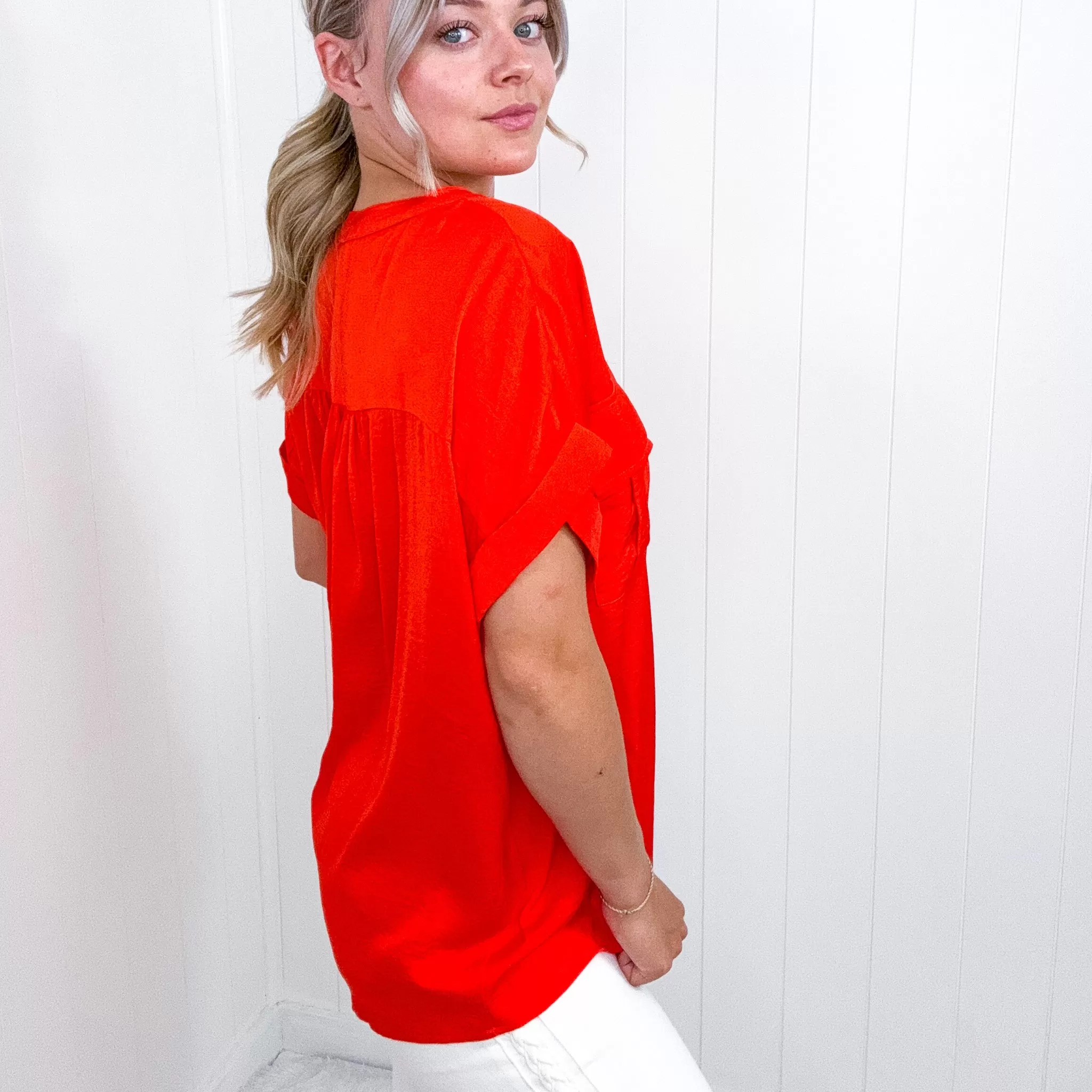 Cherry Red Dolman Short Sleeve Blouse