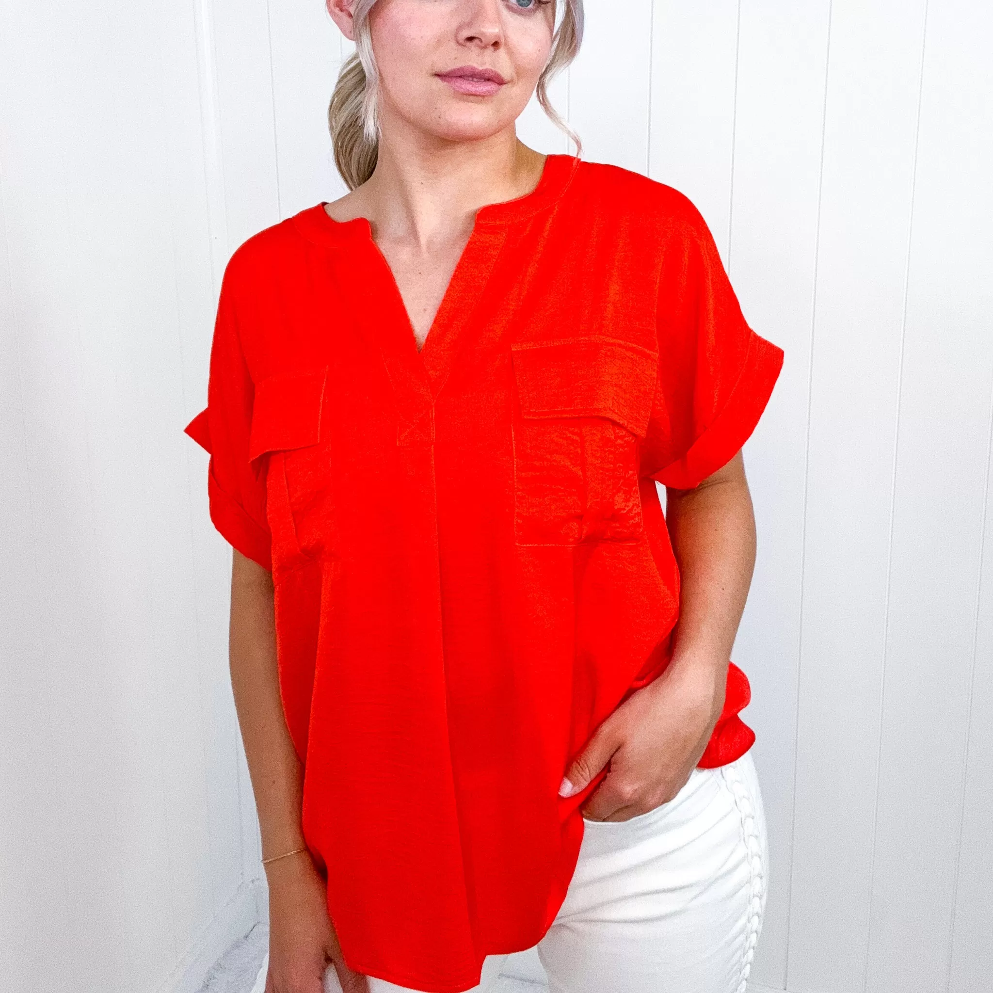 Cherry Red Dolman Short Sleeve Blouse