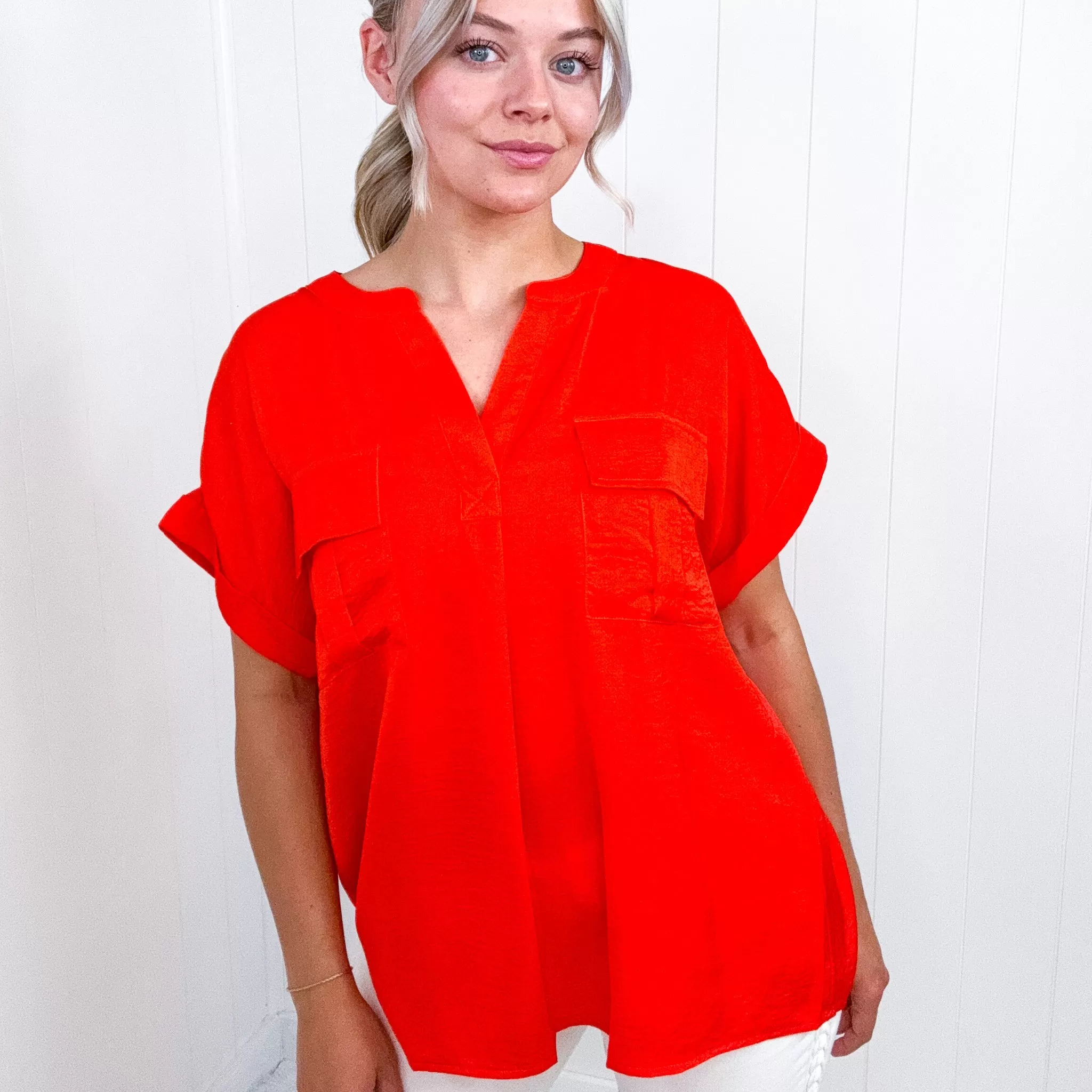 Cherry Red Dolman Short Sleeve Blouse