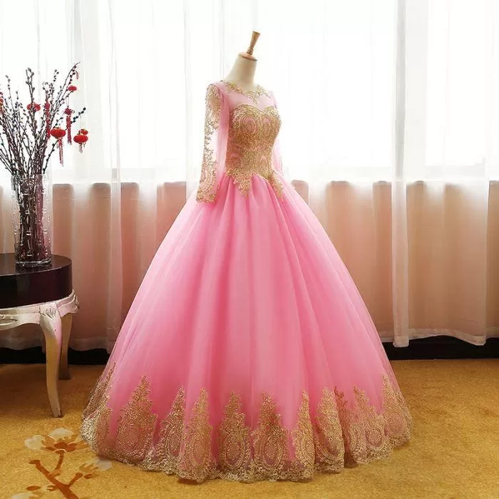 CHIC BALL GOWNS SCOOP PINK TULLE APPLIQUE MODEST LONG PROM DRESS EVENING DRESS ER270