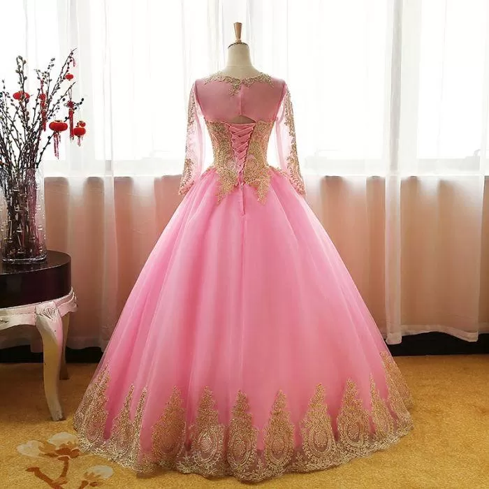 CHIC BALL GOWNS SCOOP PINK TULLE APPLIQUE MODEST LONG PROM DRESS EVENING DRESS ER270