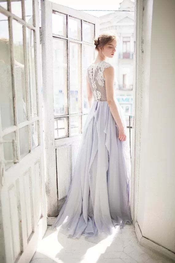 Chic Chiffon Prom Dress Blue Cheap Lace Long Prom Dress #ER218