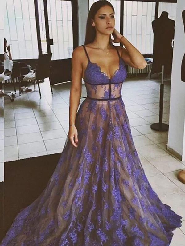 Chic Purple Lace Prom Dress A Line Cheap Prom Dress #ER165