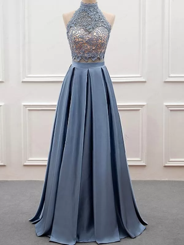 Chic Two Piece Prom Dress Blue Lace Cheap Prom Dress #ER143