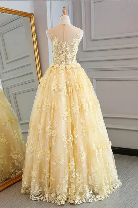 Chic Yellow Prom Dress Lace Vintage Cheap Long Prom Dress #ER403