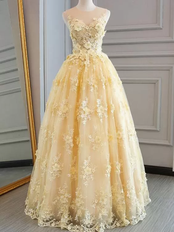 Chic Yellow Prom Dress Lace Vintage Cheap Long Prom Dress #ER403