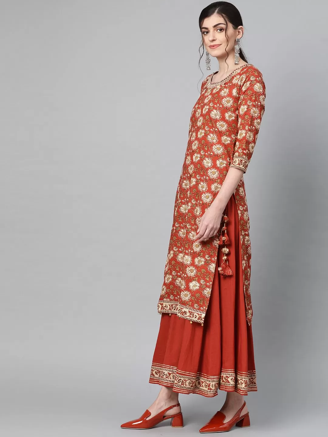 Cinnamon Kalamkari Kurta, Palazzo & Dupatta Set