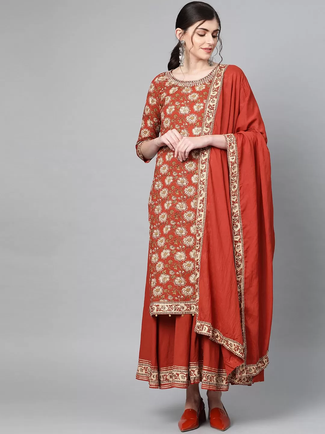 Cinnamon Kalamkari Kurta, Palazzo & Dupatta Set