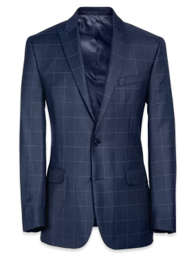 Classic Fit Essential Wool Peak Lapel Side Vents Suit Jacket - Navy Windowpane