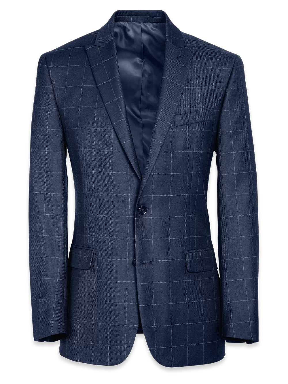 Classic Fit Essential Wool Peak Lapel Side Vents Suit Jacket - Navy Windowpane