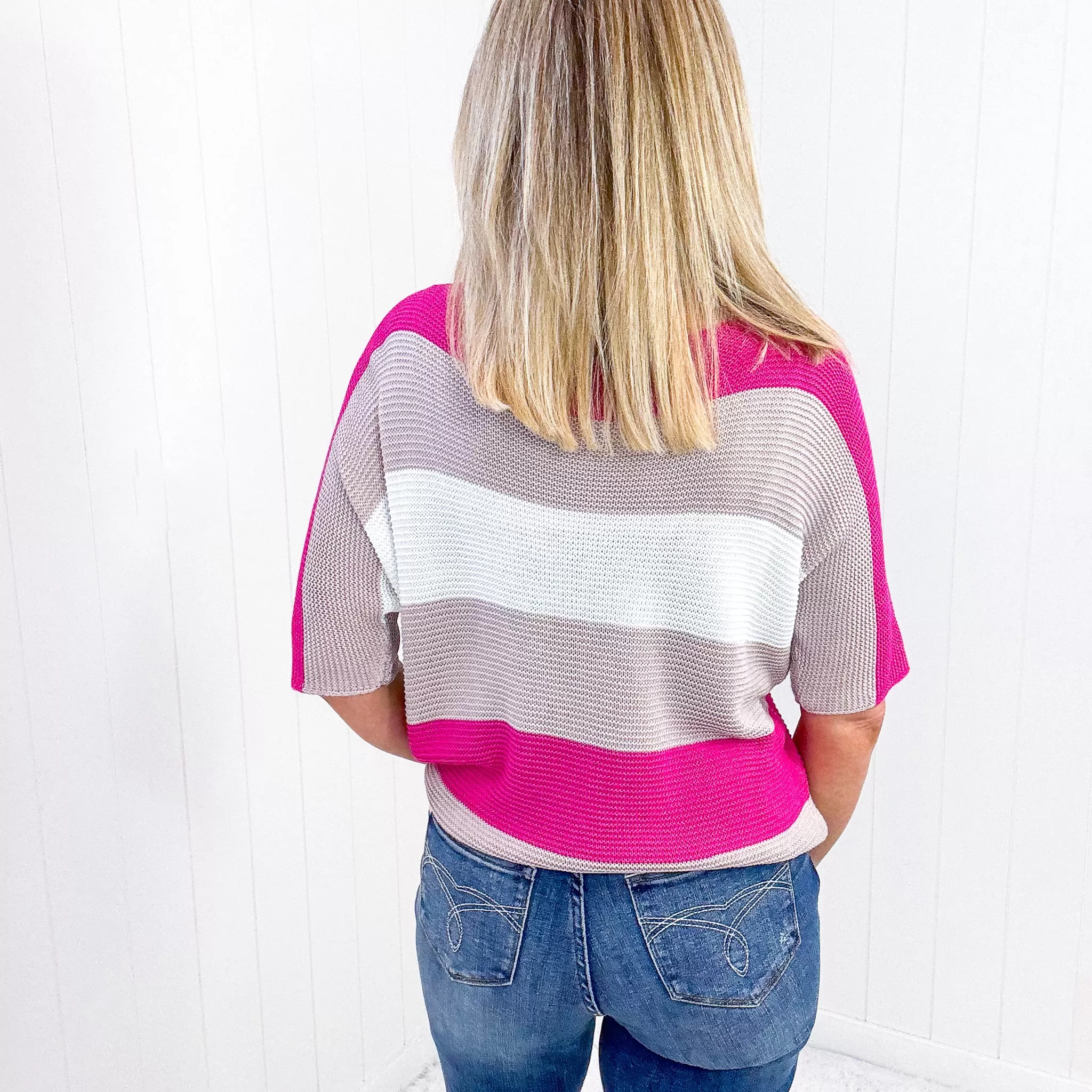 Color Block Short Sleeve Loose Knit Top