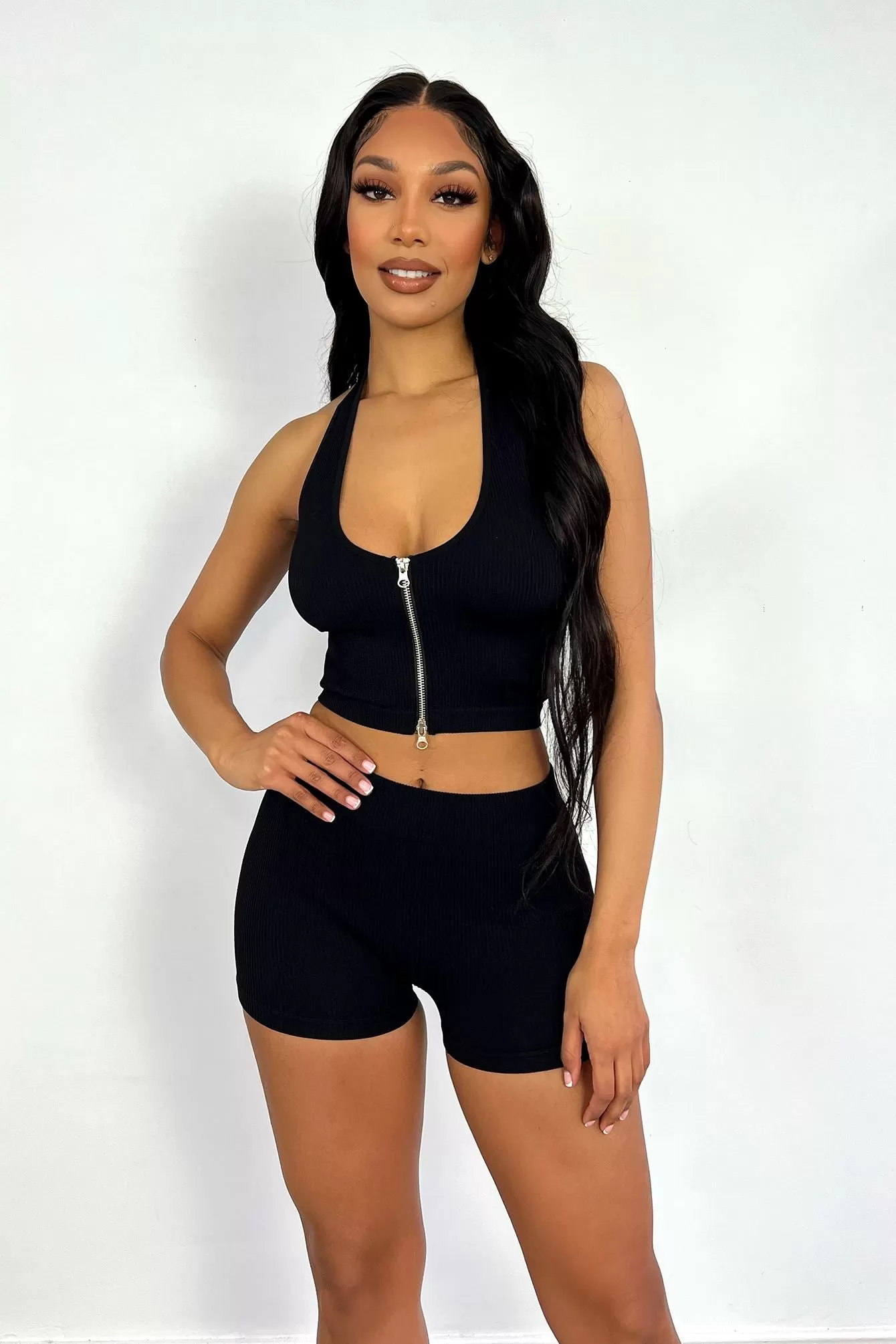 Crossing Paths Two Way Zipper Halter Ribbed Crop Top