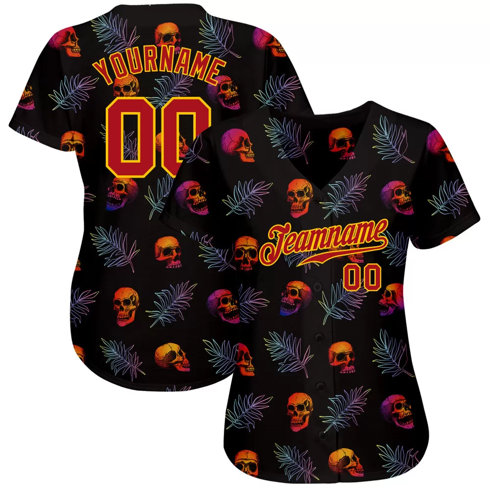 Custom 3D Pattern Halloween Skulls And Palm Leaves Authentic Baseball Jersey