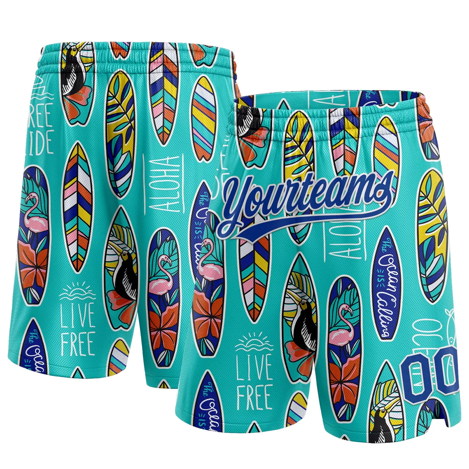 Custom Aqua Royal-White 3D Pattern Tropical Hawaii Palm Leaves Beach Surfing Authentic Basketball Shorts