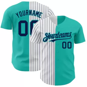 Custom Aqua White-Navy Pinstripe Authentic Split Fashion Baseball Jersey