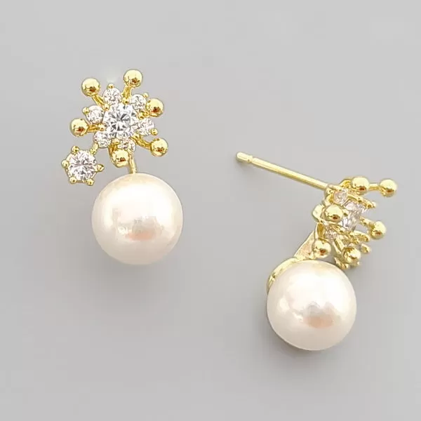 CZ Flower Pearl Gold Dipped Stud Earrings