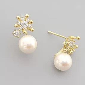 CZ Flower Pearl Gold Dipped Stud Earrings