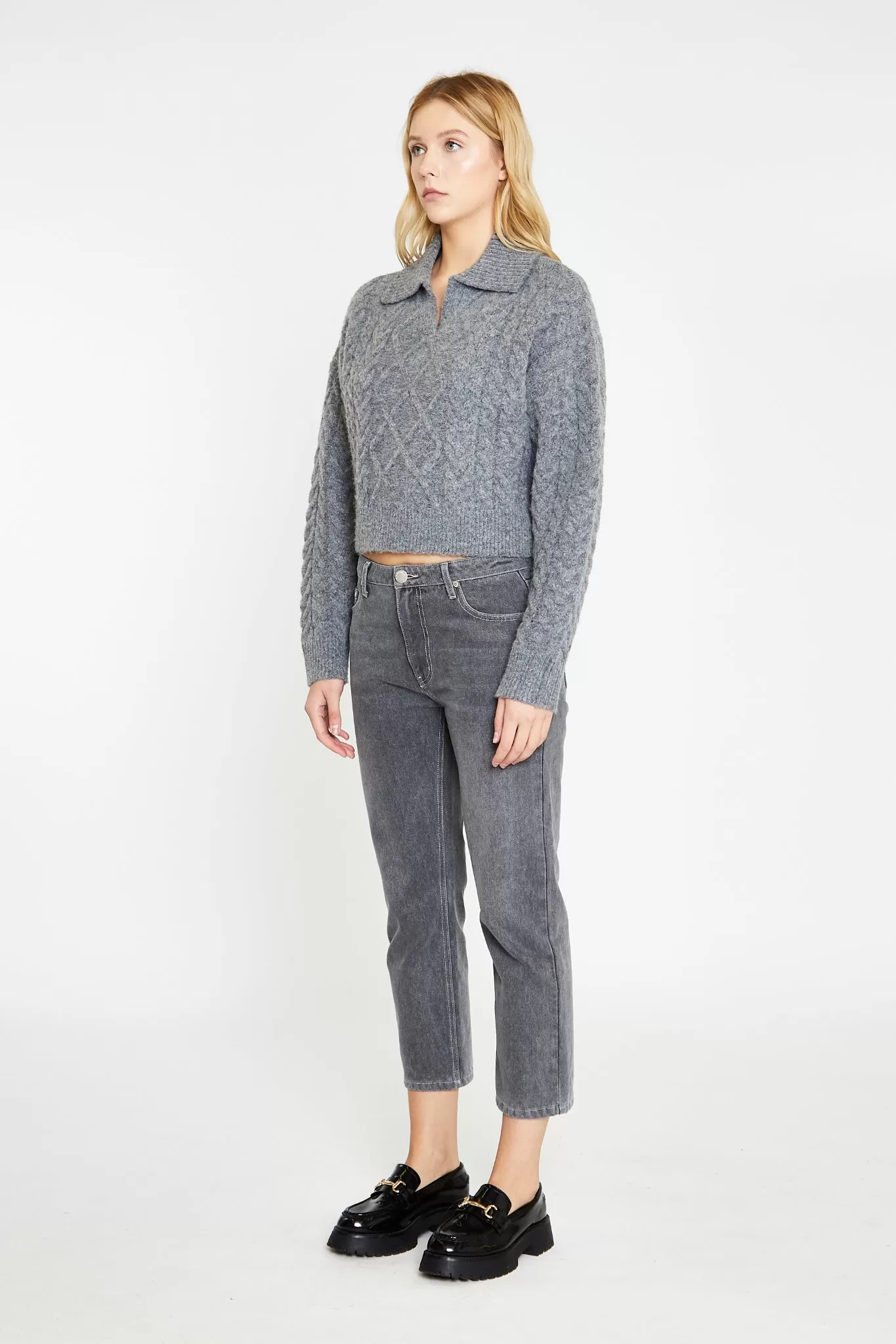 Dark-Grey Marl Collared Cable Knit Jumper