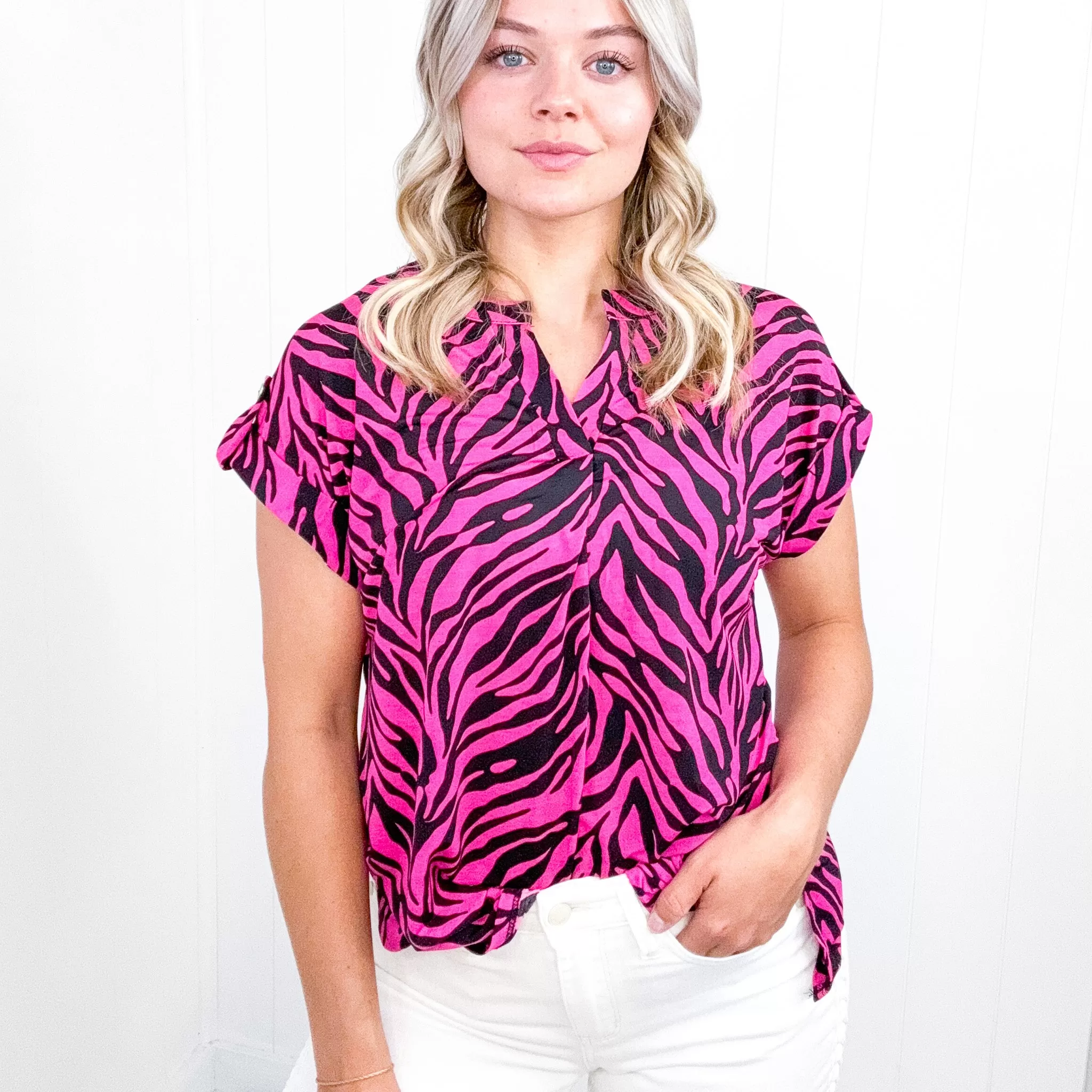 Dear Scarlett Lizzy Cap Sleeve Top in Pink and Black Zebra