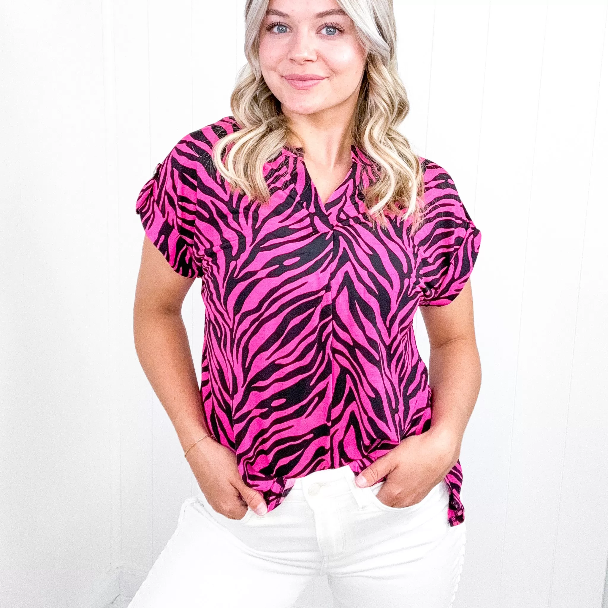 Dear Scarlett Lizzy Cap Sleeve Top in Pink and Black Zebra