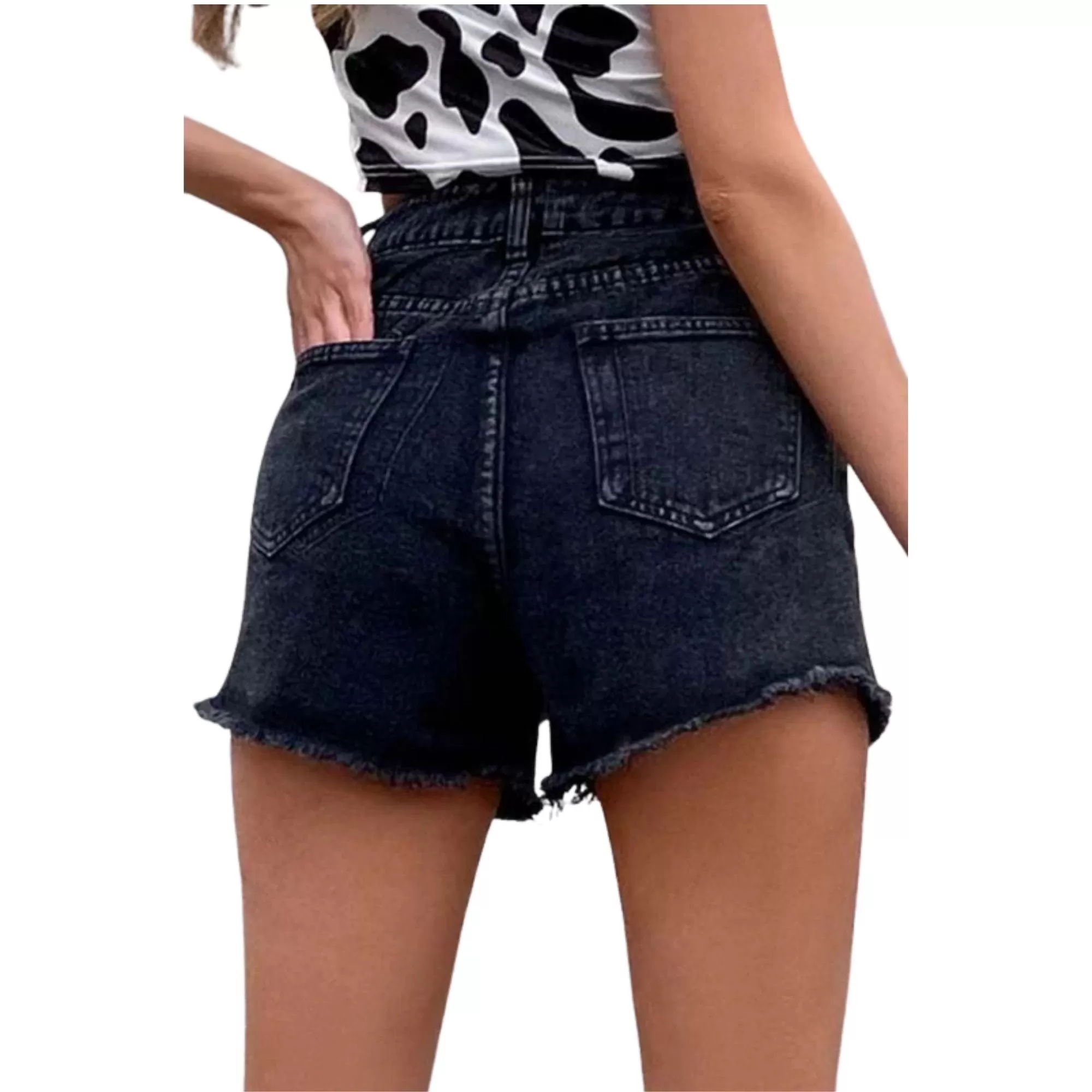 Distressed High Rise Denim Shorts by C D M