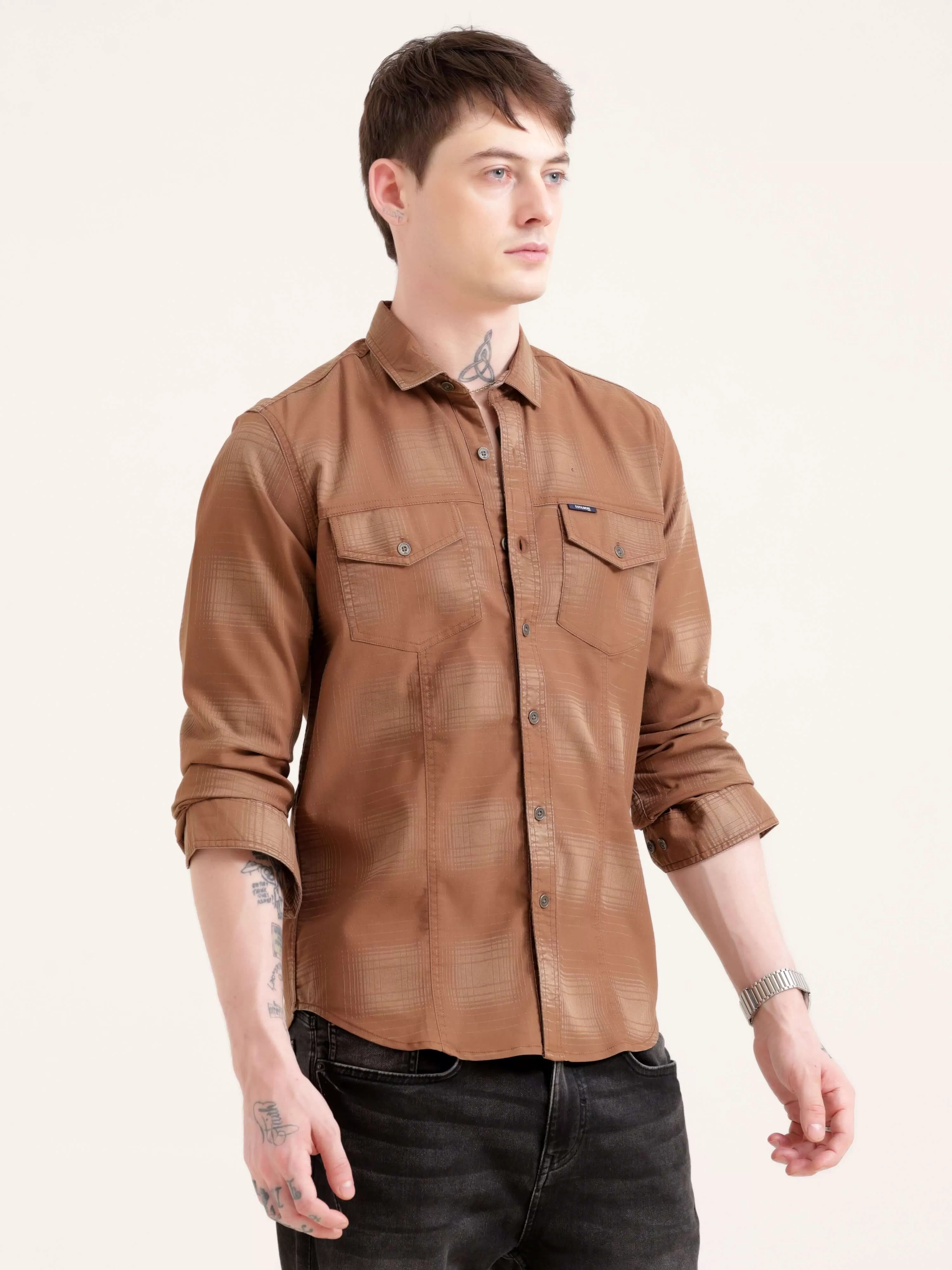 Dusky brown over dyed check shirt