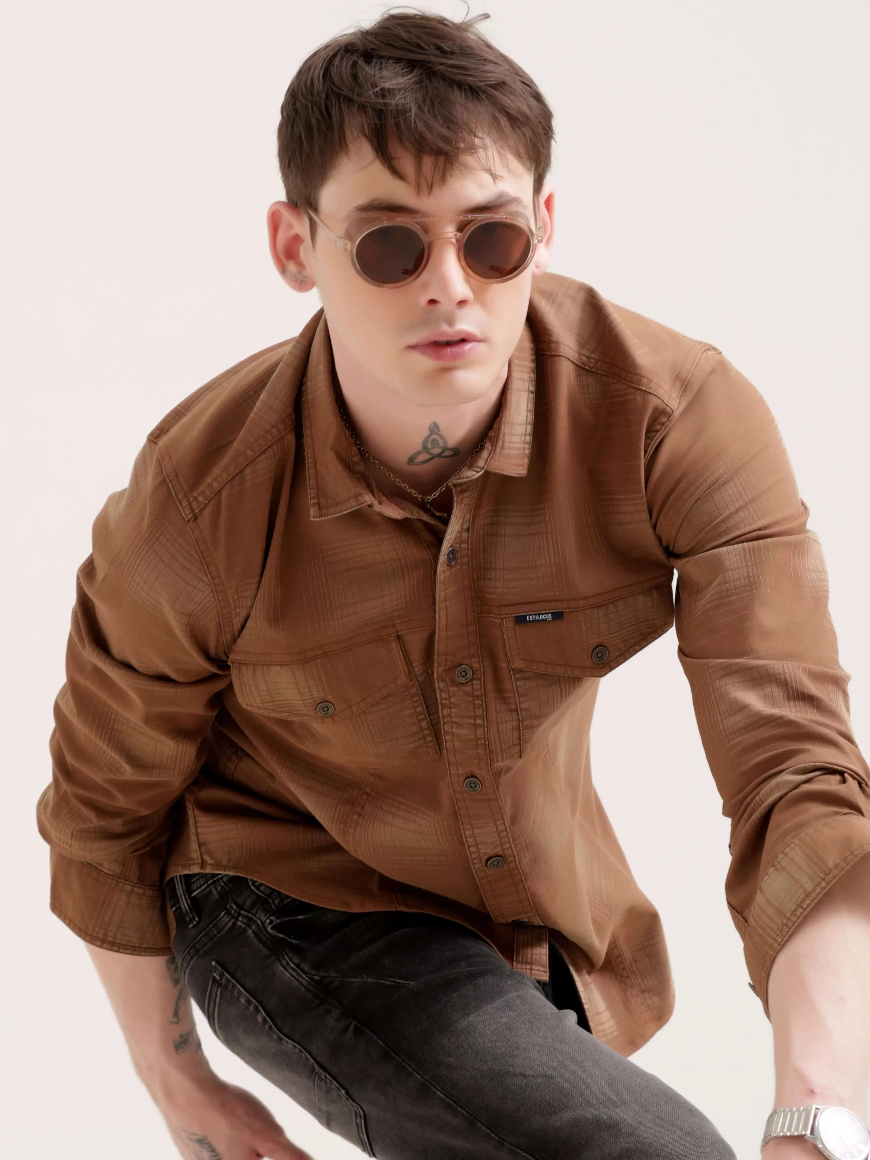 Dusky brown over dyed check shirt