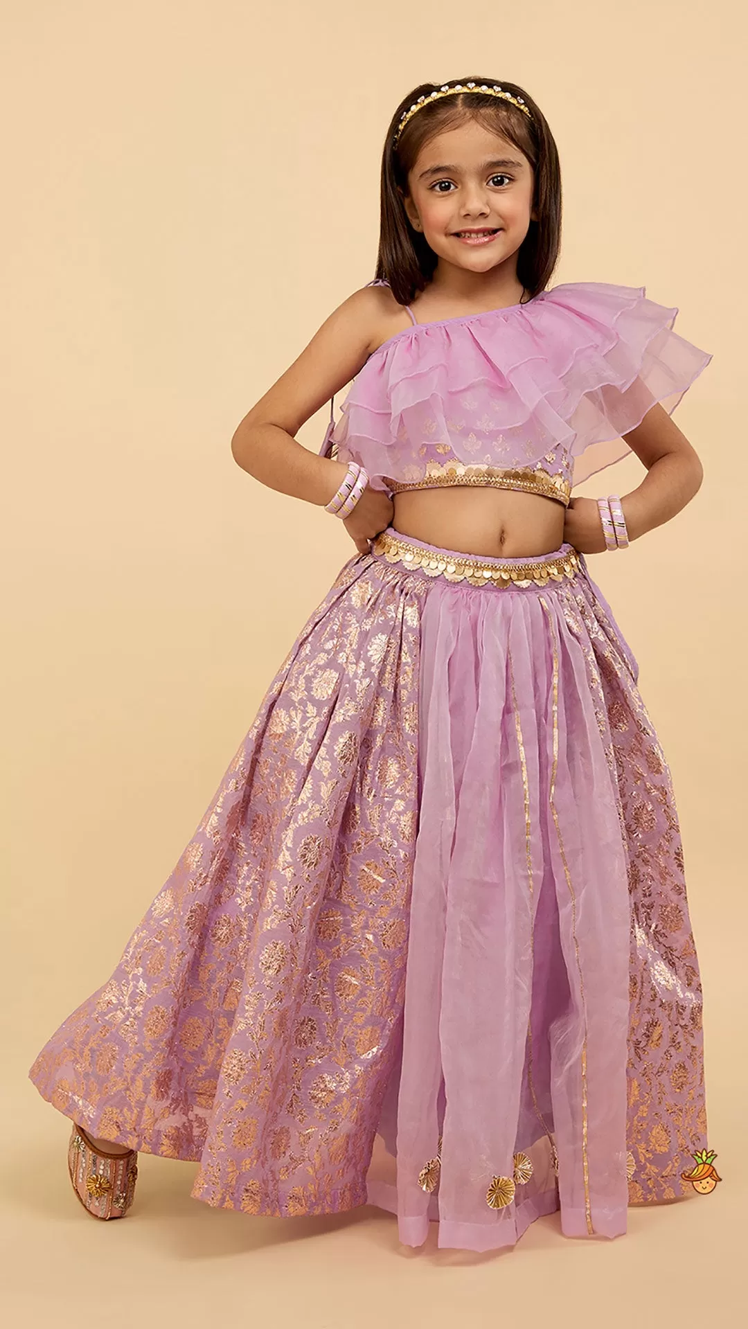 Elegant Pastel Purple Embroidered One Shoulder Top With Lehenga And Gota Lace Detail Dupatta