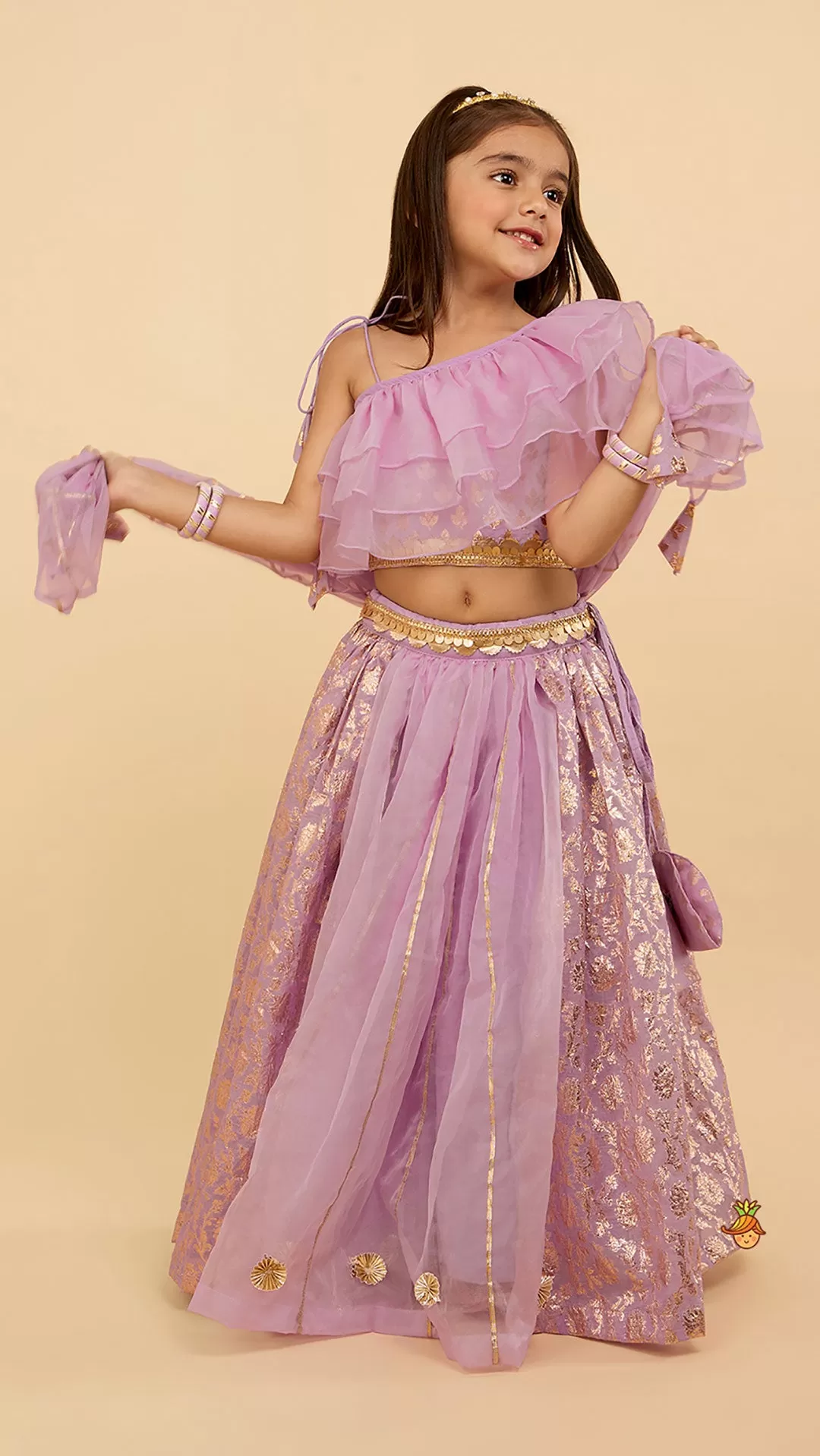 Elegant Pastel Purple Embroidered One Shoulder Top With Lehenga And Gota Lace Detail Dupatta