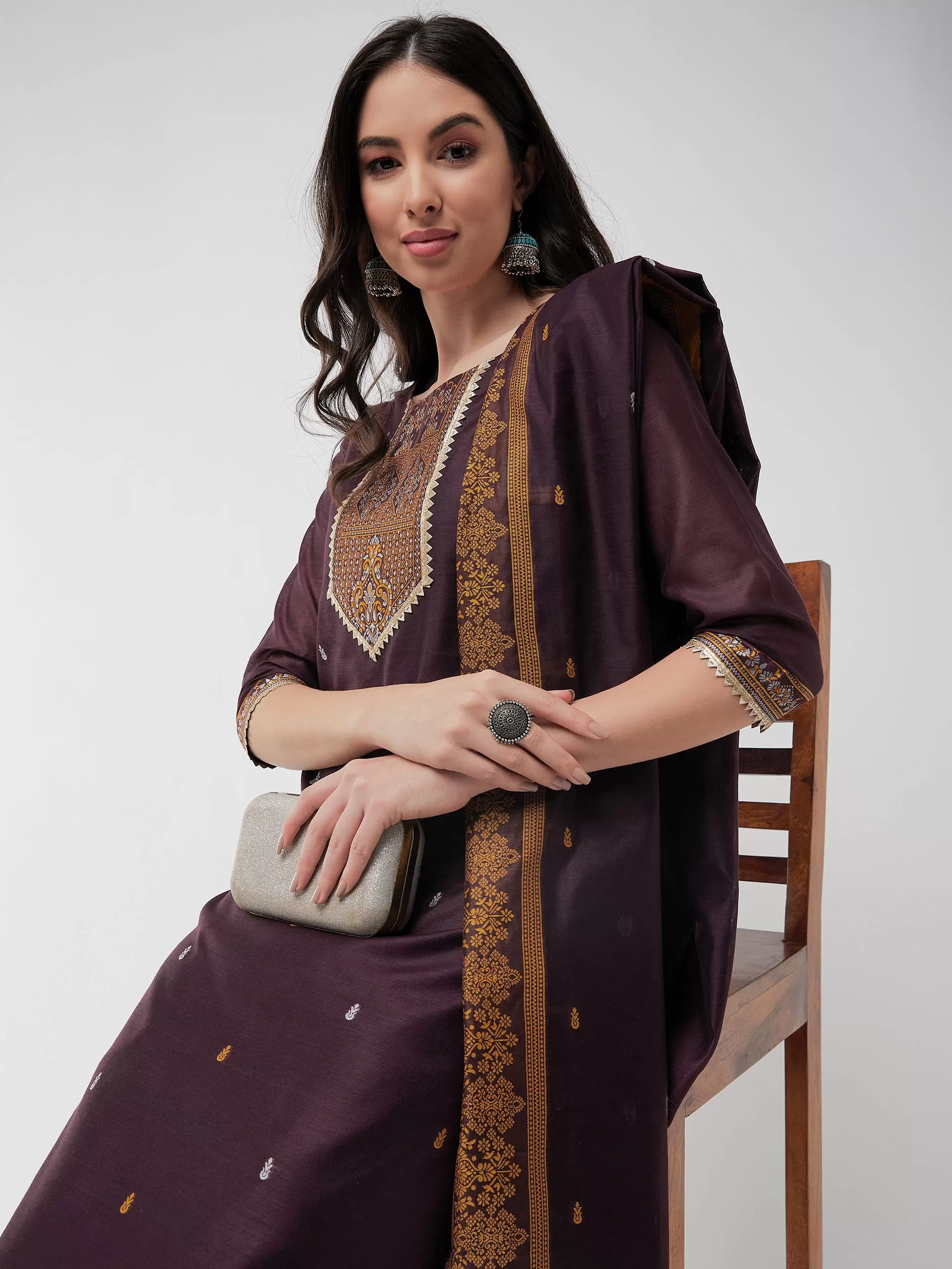 Festive Jacquard Neck Patch Kurta With Dupatta And Matching Pants