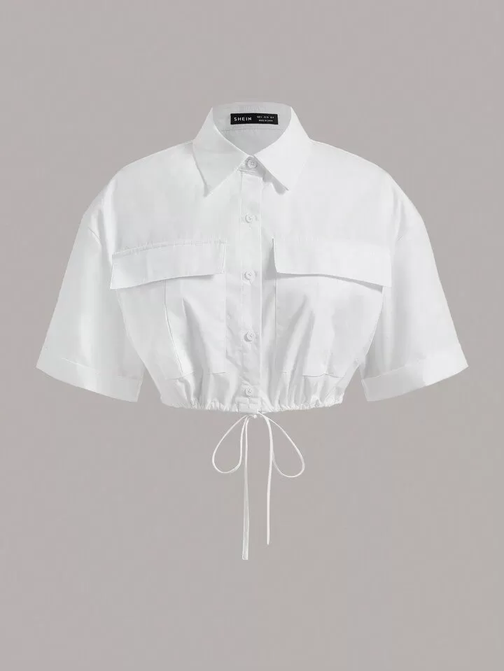 Flap pocket drawstring hem crop top shirt in white